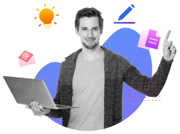 A person holds a laptop while gesturing with one hand, and talks about SEO Content Writing Services